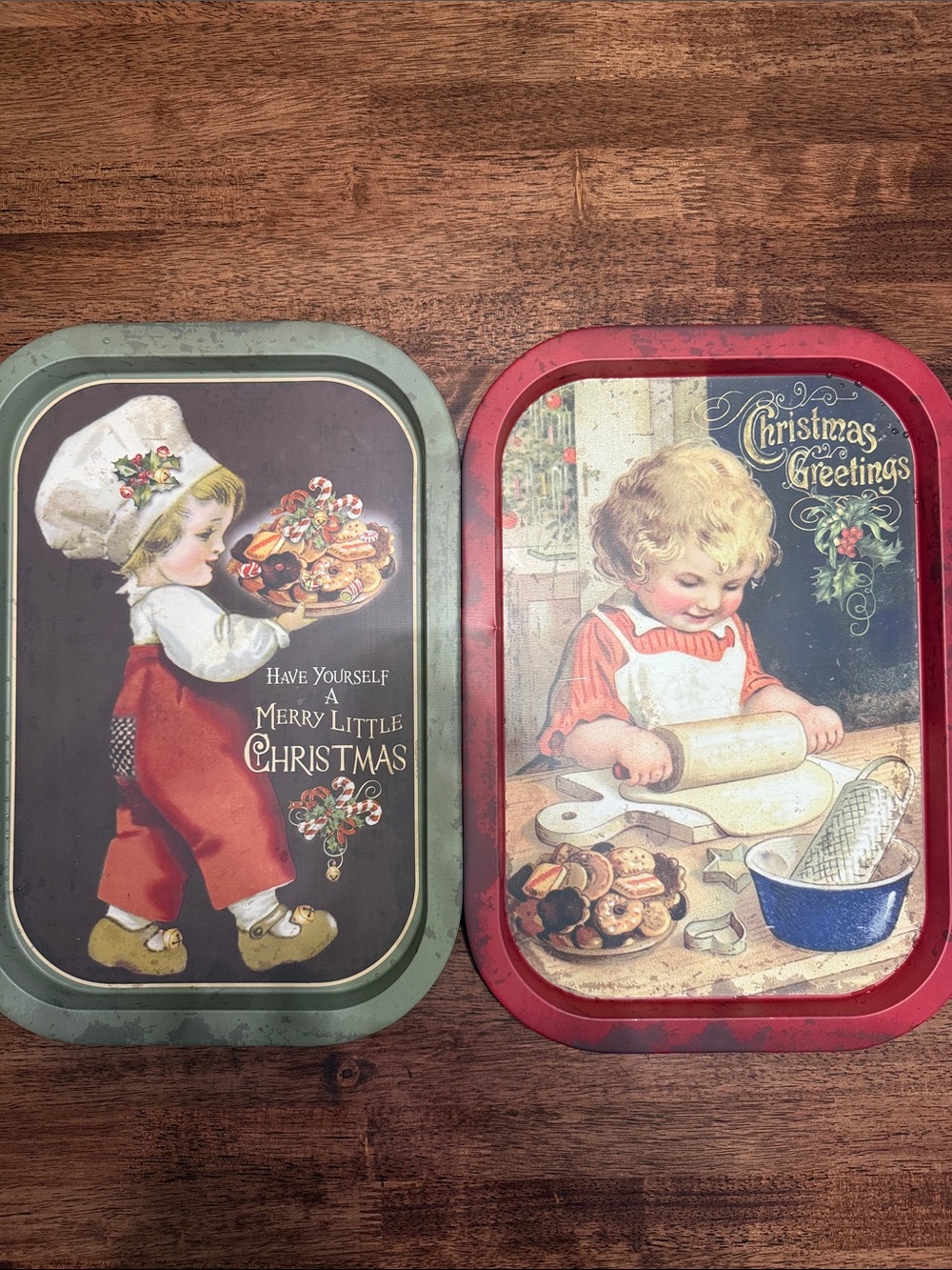 2 Vintage Christmas cookie metal trays